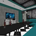 KTV Room Interior With Turquoise Sofa Black White Checkered Floor And Bicycle Wall Decor