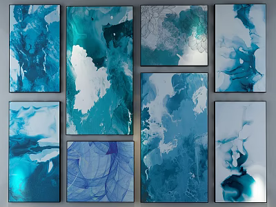 Blue Abstract Watercolor Art Paintings Multiple Wall Decor Pieces Set 3d model