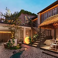Traditional Courtyard Cafe With Thatched Roof Pebble Ground Green Plants Outdoor Seating Area Twilight