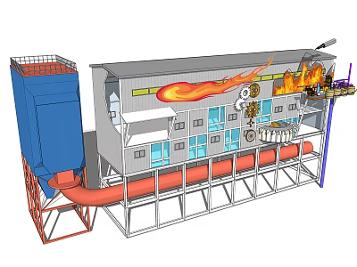 Industrial Furnace Equipment With Burning Flame Metal Structure And Pipes System 3d model