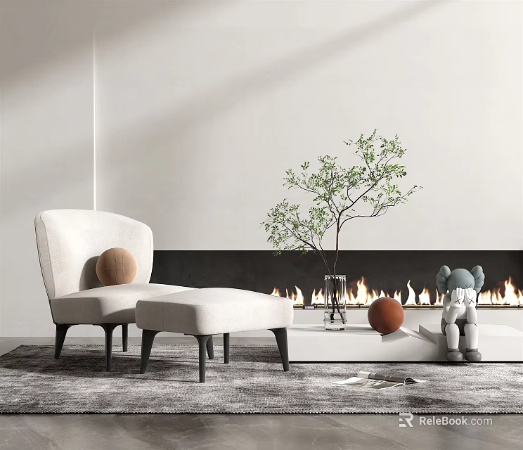 White Single Sofa With Ottoman Green Plant And Flames By Fireplace 3d model 