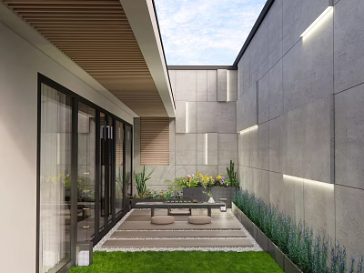 Modern Courtyard Garden With Stone Pathway Greenery Lawn And Lighting Features 3d model