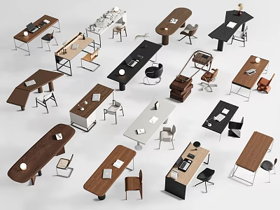 Collection of Various Modern Desk Designs With Different Materials And Chairs 3d model