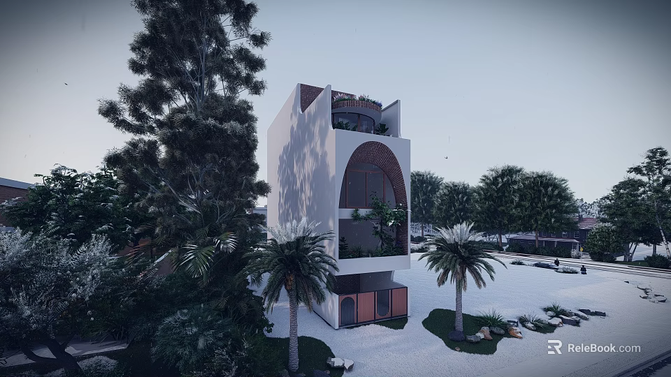 Modern White Detached Villa With Arched Windows Palm Trees And Lush Greenery 3d model 