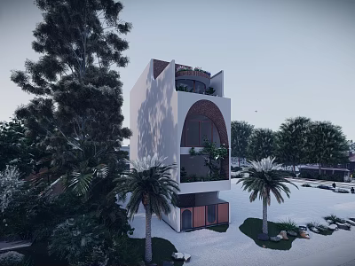 Modern White Detached Villa With Arched Windows Palm Trees And Lush Greenery 3d model