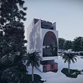 Modern White Detached Villa With Arched Windows Palm Trees And Lush Greenery