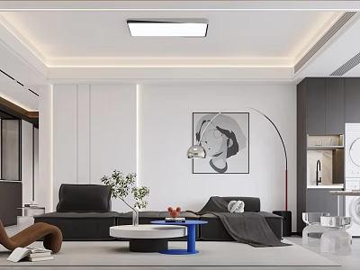 Modern Living Dining Room Interior Design With Dark Sofa Coffee Table And Wall Art 3d model