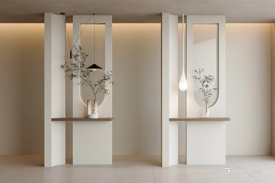 Modern White Room Divider With Vertical Slats Wooden Shelf Potted Green Plants And Pendant Light 3d model 
