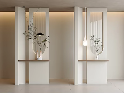 Modern White Room Divider With Vertical Slats Wooden Shelf Potted Green Plants And Pendant Light 3d model