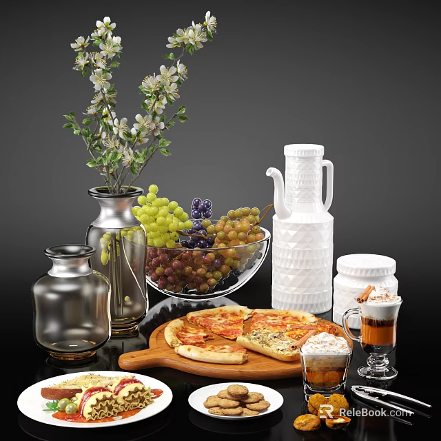 Delicious Pizza Grapes And Coffee On Table With Flowers Glass Jars And White Pitcher 3d model 