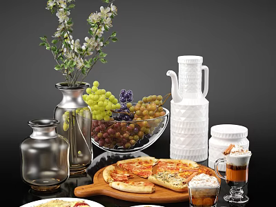 Delicious Pizza Grapes And Coffee On Table With Flowers Glass Jars And White Pitcher 3d model