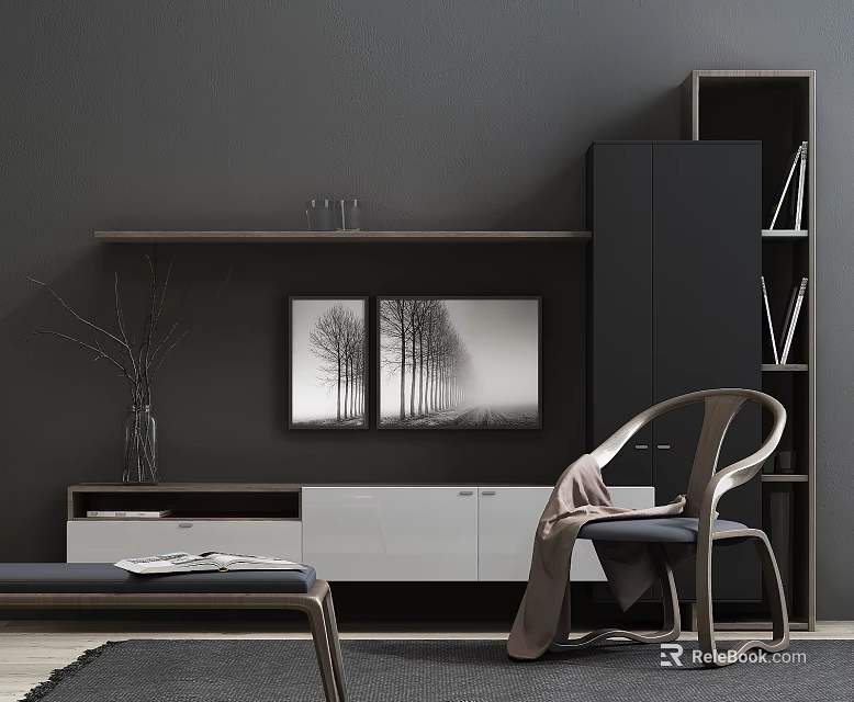 Modern TV Stand With Floating Shelf Two Framed Tree Pictures Decorative Vase And Wooden Bookcase 3d model 