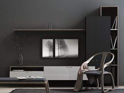 Modern TV Stand With Floating Shelf Two Framed Tree Pictures Decorative Vase And Wooden Bookcase 3d model