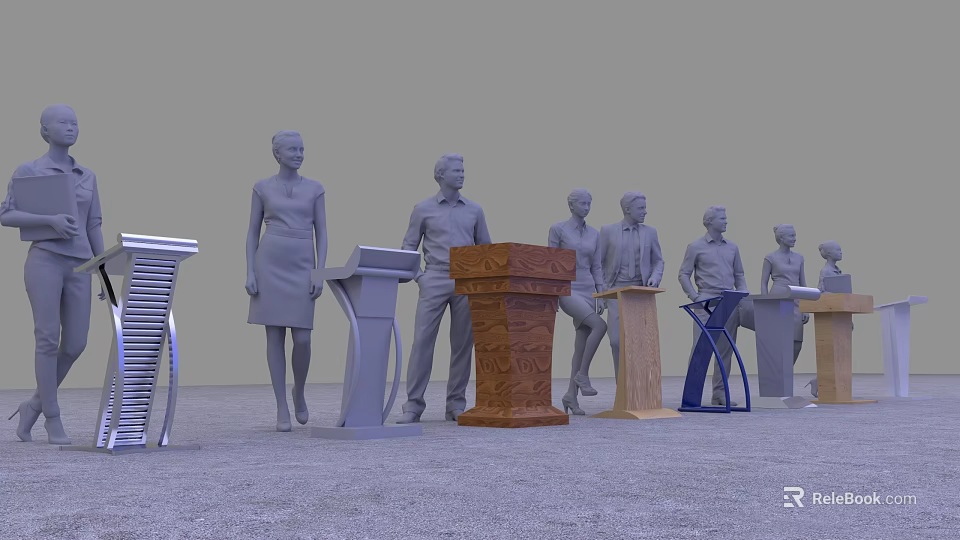 Conference Table Display Featuring Podiums And Standing Figure Models In Various Styles 3d model