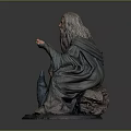 Wizard Statue With Long White Beard Blue Hat Green Robe Pointing Finger Sitting Pose 3d model