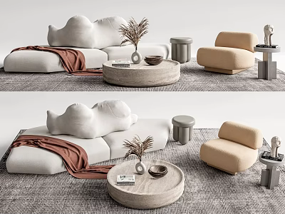 Modern White Cloud Like Sofa And Beige Armchair With Round Stone Coffee Table Decorative Plants 3d model