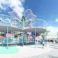 Children's Play Area with Lotus Shaped Structure Kids Playing and Parents Nearby Trees Pebble Ground