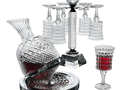Elegant Crystal Wine Bottles and Glasses Set with Decanter Stand for Home Serving 3d model
