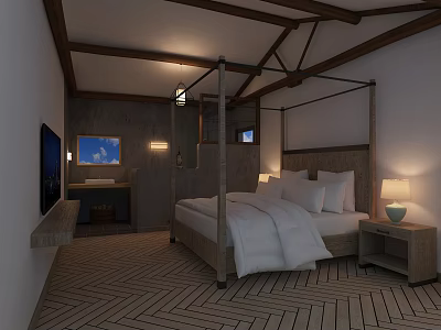 Cozy Bedroom With Four Poster Bed White Bedding Wooden Ceiling Beams And Herringbone Floor 3d model