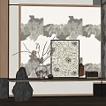 Elegant Modern Console Table With Wooden Frame Landscape Painting Backdrop Vase Stones And Warm Light