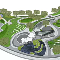 Modern Lush Park Landscape Design With Curved Pathways Green Lawns And Trees
