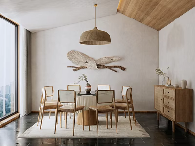 Bright Private Dining Room With Wooden Table Chairs Pendant Light Wing Decor And Large Window 3d model