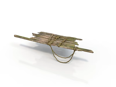 Old Wooden Sled With Worn Planks And Rope Handles On White Background 3d model