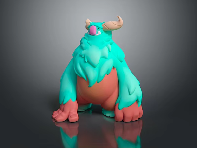 3D Furry Monster Character With Turquoise Pink Body And Curved Horns Design 3d model