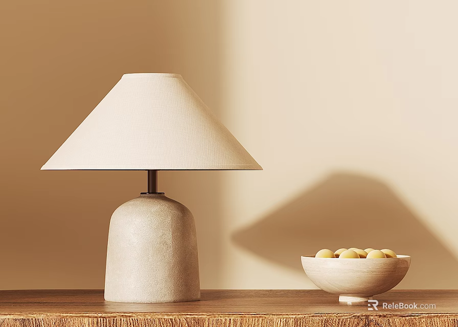 Modern Table Lamp With Concrete Base Linen Shade On Wooden Table With Fruit Bowl 3d model 