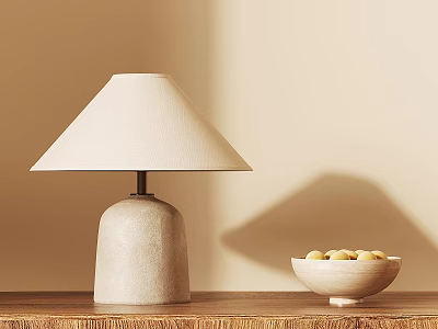 Modern Table Lamp With Concrete Base Linen Shade On Wooden Table With Fruit Bowl 3d model