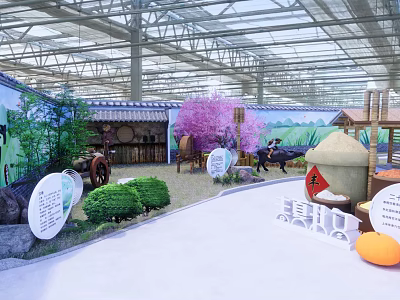 Indoor Greenhouse Garden Display With Rockery Green Plants Pink Cherry Blossom Tree And Stone Mill 3d model