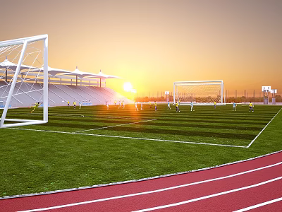Modern School Sports Complex With Football Field Grandstand Running Track And Sunset View 3d model