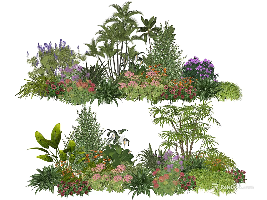 Diverse Plant Combination Featuring Tropical Leaves Colorful Blooms And Green Foliage 3d model 