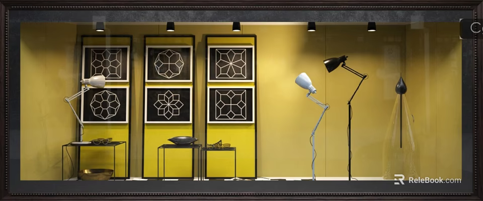 Window Display with Yellow Wall Geometric Pattern Artworks Black Frames Floor Lamp and Small Tables 3d model 