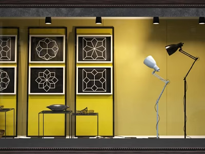 Window Display with Yellow Wall Geometric Pattern Artworks Black Frames Floor Lamp and Small Tables 3d model