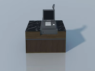Swing Door Cashier Counter With Marble Top Wooden Cabinet And Cash Register 3d model