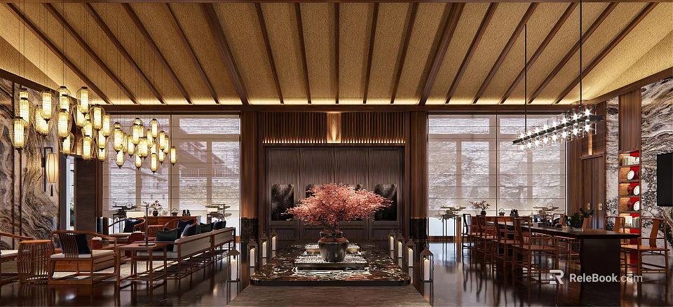 Elegant Hotel Lobby Interior With Wooden Ceiling Chandeliers And Cherry Blossom Centerpiece 3d model 