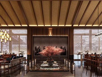 Elegant Hotel Lobby Interior With Wooden Ceiling Chandeliers And Cherry Blossom Centerpiece 3d model