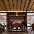 Elegant Hotel Lobby Interior With Wooden Ceiling Chandeliers And Cherry Blossom Centerpiece