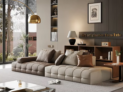 Modern Living Room Interior Design With Beige L Shaped Sofa Decorative Painting And Floor Lamp 3d model