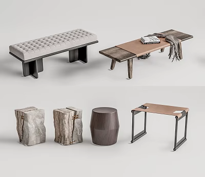 Modern Stools and Benches with Padded Cushion Wooden Design Metal Legs and Stump Shapes 3d model