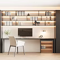 Modern Home Office Interior With Built in Bookshelves Warm Lighting And Computer Desk Chair