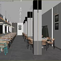 Modern Restaurant Interior With Wooden Tables Chairs Hanging Pendant Lights Wall Art And Tiled Floor