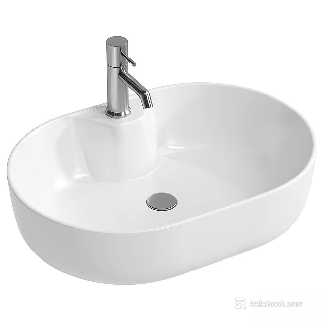 Modern White Ceramic Oval Washbasin with Silver Faucet and Smooth Surface 3d model 