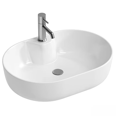 Modern White Ceramic Oval Washbasin with Silver Faucet and Smooth Surface 3d model