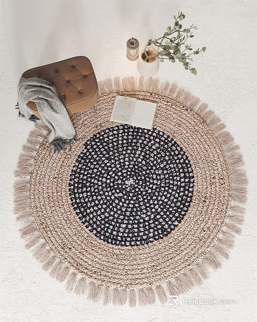 Bohemian Style Round Carpet With Black White Pattern And Tassel Edges 3d model 