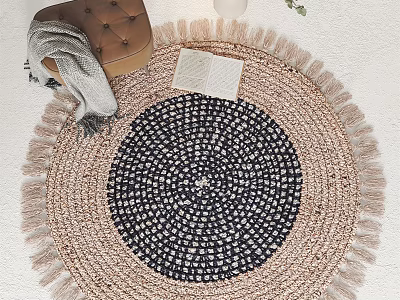 Bohemian Style Round Carpet With Black White Pattern And Tassel Edges 3d model