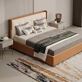 Modern Double Bed with Beige Headboard Pillows Side Tables and Striped Wall 3d model