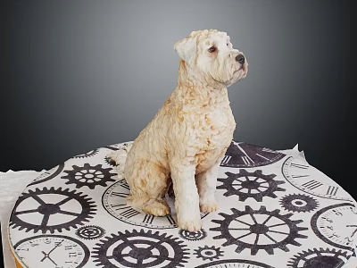 Cream Colored Dog Sitting On Circular Mat With Gear And Clock Patterns 3d model