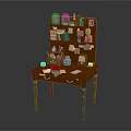 Wooden Desk with Attached Bookshelf Featuring Books Stationery and Small Decorations